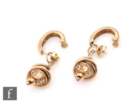 A 9ct drop earring set with a blue enamel band and white paste stones, total weight 10g. 