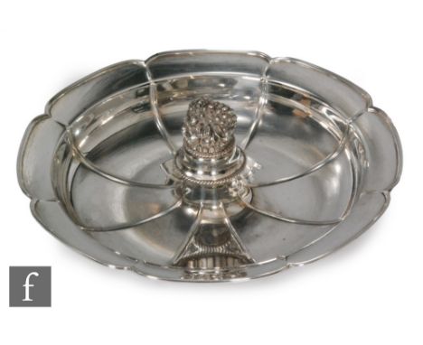 A hallmarked silver fluted shallow bowl with relief moulded fruiting vine central decoration, diameter 30cm, weight 40oz, Bir