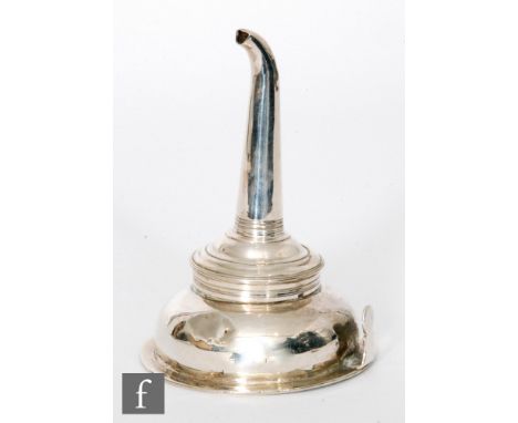 A Georgian hallmarked silver wine funnel of typical form, possibly London 1787, Hester Bateman, marks rubbed. 
