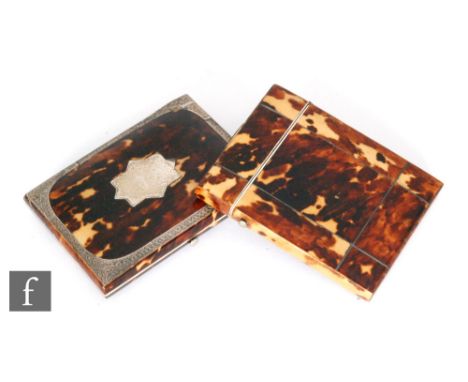 A 19th Century rectangular tortoiseshell card case with lined silver details, with a similar example with silver border, leng