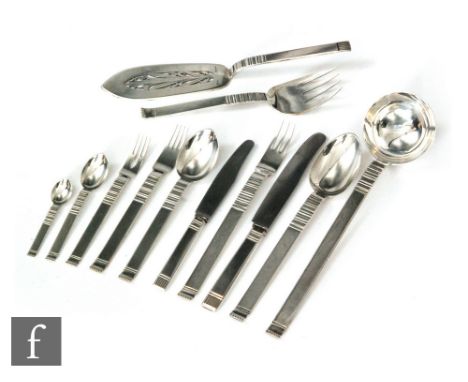 An Austrian silver canteen of cutlery for six place settings to include dinner knives and forks, dessert knives and forks, ta