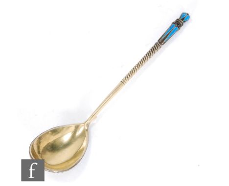 A Russian silver gilt and cloisonne enamel decorated spoon, length 13.5cm, possibly Mik. Zorin Moscow, 1905-1908. 