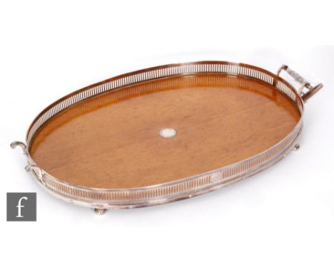 A Victorian hallmarked silver and oak gallery tray, the oak base detailed with inset Victorian crown all within a silver gall