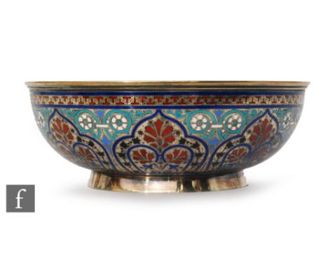 A Russian silver gilt and cloisonne enamel small bowl decorated with red, white, blue, black and turquoise foliate details wi