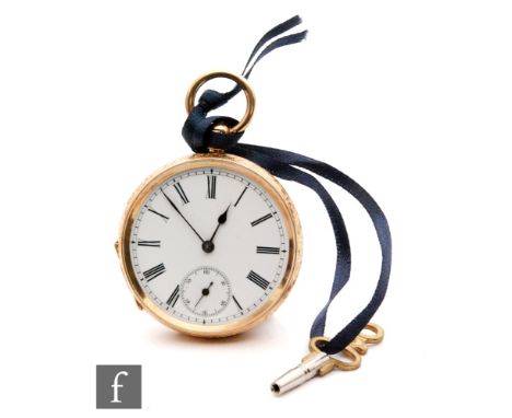 A Victorian lady's 14ct continental fob watch, Roman numerals to white enamel dial, subsidiary seconds dial within foliate en