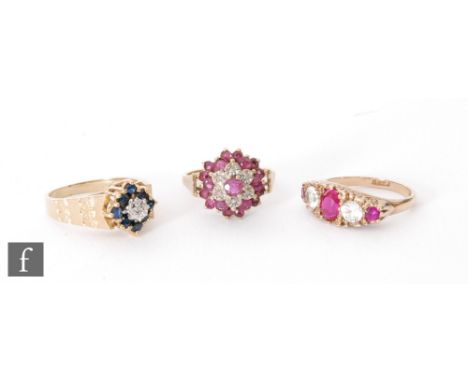 Three 9ct hallmarked stone set rings to include a sapphire and diamond, a ruby and diamond and a paste set example, total wei