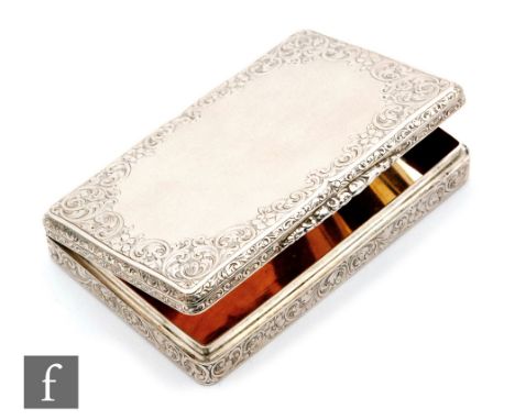 An early 20th Century Swedish silver cushioned rectangular box decorated with foliate scroll border and sides to an engine tu