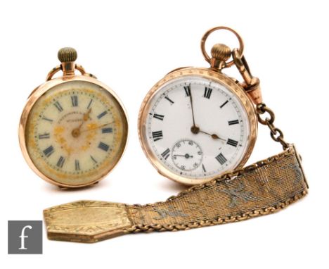 A continental 9ct lady's open faced fob watch, white enamel dial with Roman numerals, gilt highlights and foliate engraved ca