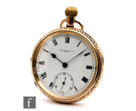 An early 20th Century 9ct gentleman's open face crown wind pocket watch, the white enamel dial with Roman numerals, subsidiar