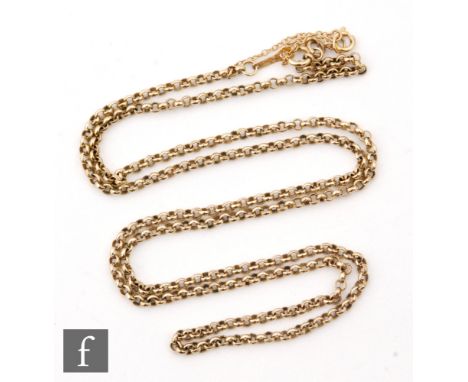 A 9ct hallmarked belcher link chain terminating in bolt ring clasp, length 60cm, weight 10g. 