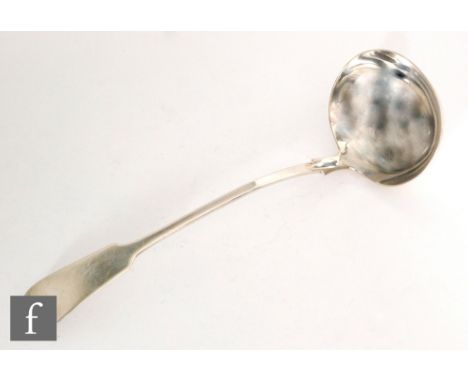 A Victorian Scottish silver fiddle pattern ladle of plain form, length 33cm, weight 7oz, Edinburgh 1848, James Wright. 