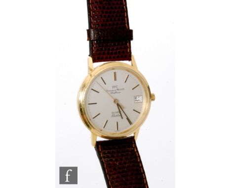 An International Watch Company (IWC) 18ct gentleman's quartz Flatline wrist watch, gilt batons and date facility to a circula