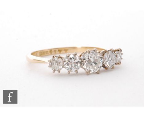A mid 20th Century diamond five stone ring, transitional claw set diamonds, total weight approximately 1.50ct, all claw set t