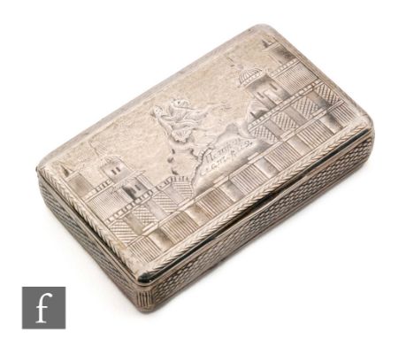 A Russian silver cushioned rectangular snuff box with neillo work image of city buildings to hinged cover and a sailing ship 