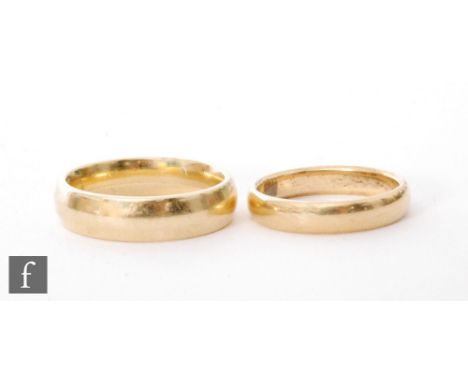 An 18ct hallmarked wedding ring, weight 8g, with a similar example stamped 22, weight 4g. (2) 