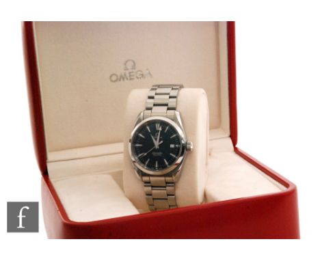 A gentleman's stainless steel Omega Aqua Terra wrist watch with silvered batons and date facility to a blue dial, diameter of