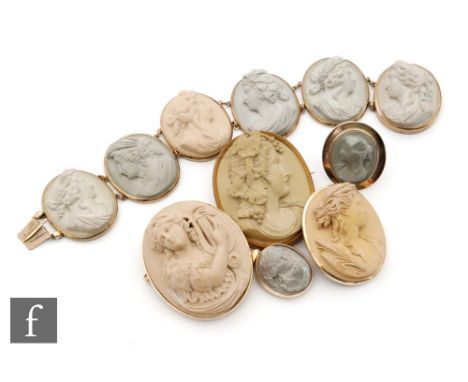 Six items of lava cameo to include a six panelled bracelet, two gold mounted brooches, a pendant, a further brooch and a ring