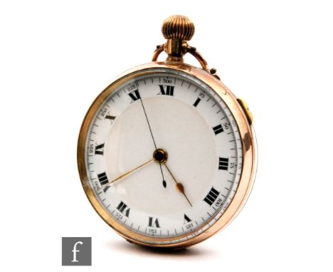 A 9ct open faced pocket watch, circular white enamel dial with Roman numerals, weight 82.5g, import makers for London 1914 