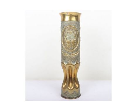 WW1 Coventry Trench Art Shell Case: A fine example with coat of arms THE COVENTRY ENGLAND to front, standing 34 cms high. THI