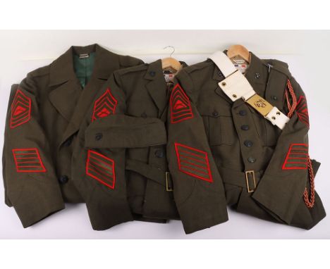 USMC Gunnery Sergeant Uniform Grouping, being green four pocket lightweight tunic with blackened insignia and cloth rank patc