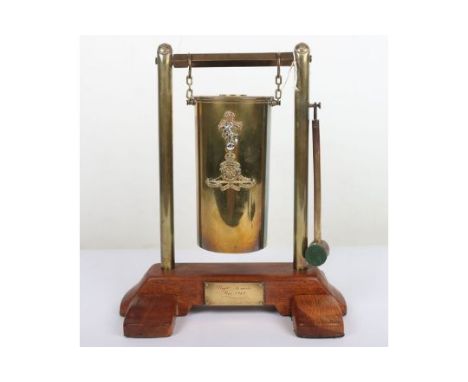 Trench Art RA / REME Major Curtis Dinner Gong : A well-made example with cap badges to front of 1943 shell case mounted on br