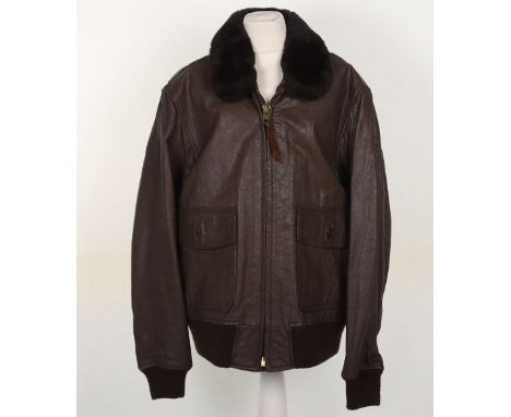 Vintage G-1 Leather Bomber Flight Jacket, brown leather with fur collar, two lower pockets and zip front. Rayon interior with