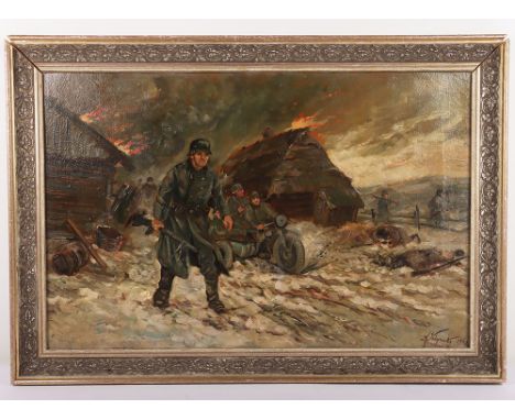 WW2 German 1942 Oil Painting of Combat Scene on the Russian Front, fine example showing a German soldier moving forward holdi