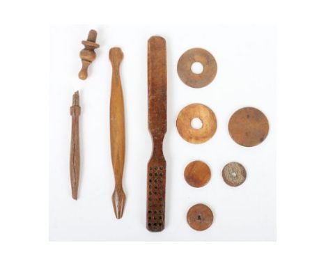Napoleonic Period Wooden Utensils and Gaming Pieces:, Small brush body with the head having small fashioned holes for bristle
