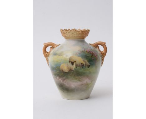 A Royal Worcester vase by H Davis depicting sheep, shape 405 (approx 11cm) with no damage or restoration 