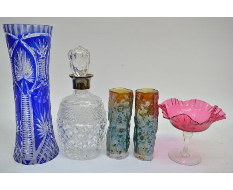 A silver collared decanter, cranberry glass dish, a blue overlay vase, and a pair of 1960s glass art vases, 