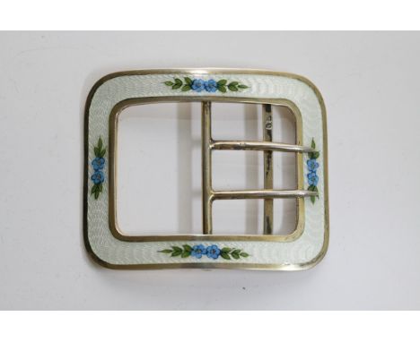 A Quality vintage silver and enamel belt buckle with Birmingham hallmarks in a Harrods presentation box. 