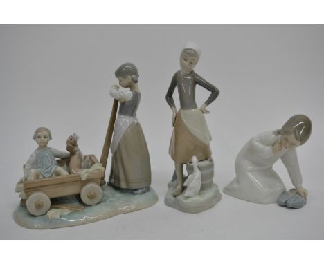 Six Lladro Figures, no boxes.Girl With Duck height: 9.5 inches approxGirl With Dad's Shoes height : 5.5 inches approxGirl Wit