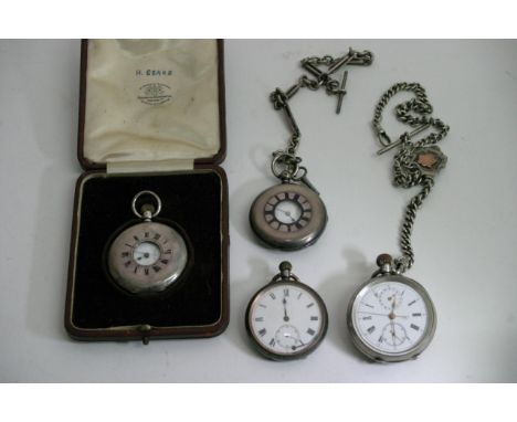 Two silver cased half hunter, button wind pocket watches two other pocket watches with attached silver Watch chains, 