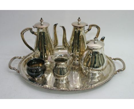 A South African silver plated five piece tea/coffee service, marks to the base, and a silver plated tea tray, (6)