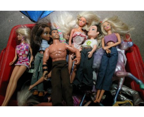Two boxes containing Barbie dolls, Action Man accessories etc