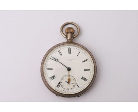 A silver cased button wind pocket watch, the enamel dial with Roman numerals