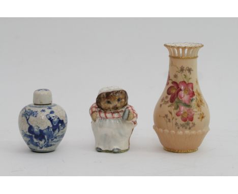 A Royal Worcester hand painted vase, a Beswick Beatrix potter figure and a Chinese crackle ware scent bottle (3)