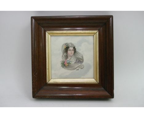 A late 19th century framed watercolour portrait of a well dressed young woman, initialled M.H.B 1831.Remnants of paper label 