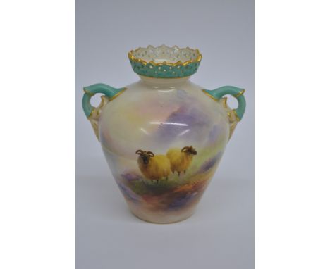 A Royal Worcester vase by H Davis depicting rams, shape 405, (approx 11cm) with no damage or restoration 