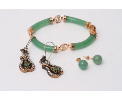 A Jadite bangle, earrings and a pair of silver earrings set with green and white stones