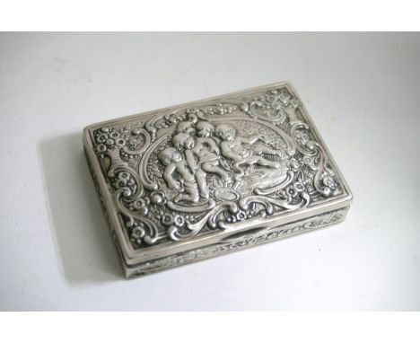 A Continental silver patch box stamped 800, the rectangular to decorated with cherubs