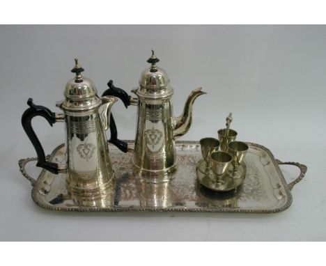 A silver plated tray coffee pots and a egg cup stand