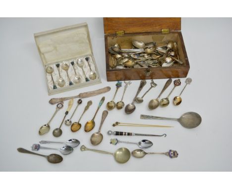 A collection of silver and plated spoons in wooden box. Box also contained a boxed set of 6 small silver spoons, a fork, kniv