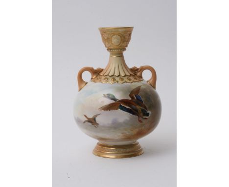 A Royal Worcester vase decorated with flying ducks by James Stinton (approx 15cm) with no damage or restoration 