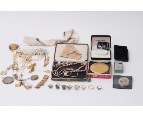 Collection of costume jewellery and other items. Collection includes a compact, costume pearl necklace and matching earrings,