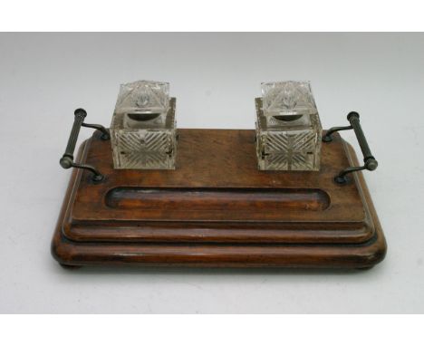 A Victorian burr walnut pen tray with detachable glass inkwells, 