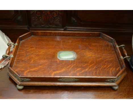 A twin handle oak tray with plated mounts 