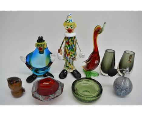 A small collection of art glass including Murano clowns and Whitefriars 