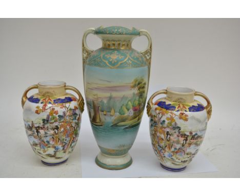 A large Noritake porcelain vase painted with a ship and a later pair of vases decorated with figures