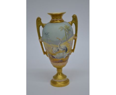 A royal Worcester twin handle urn decorated with crane, shape 1481 (approx 14cm) with no damage or restoration 